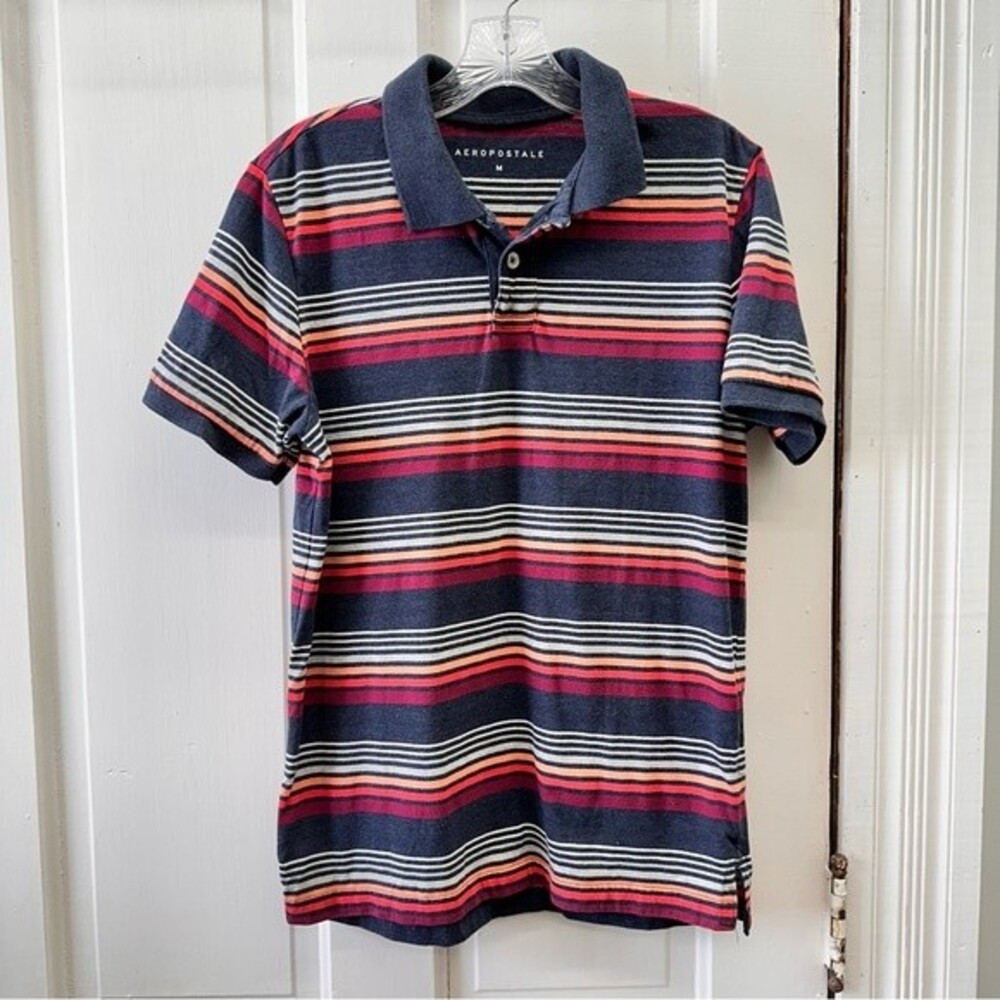 Aeropostale striped polo shirt men's medium maroon navy grey peach